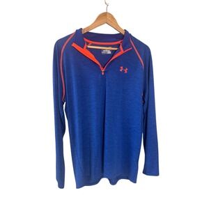 Under Armour Men Blue Orange HeatGear 1/4 Zip Long Sleeve Athletic Shirt LG